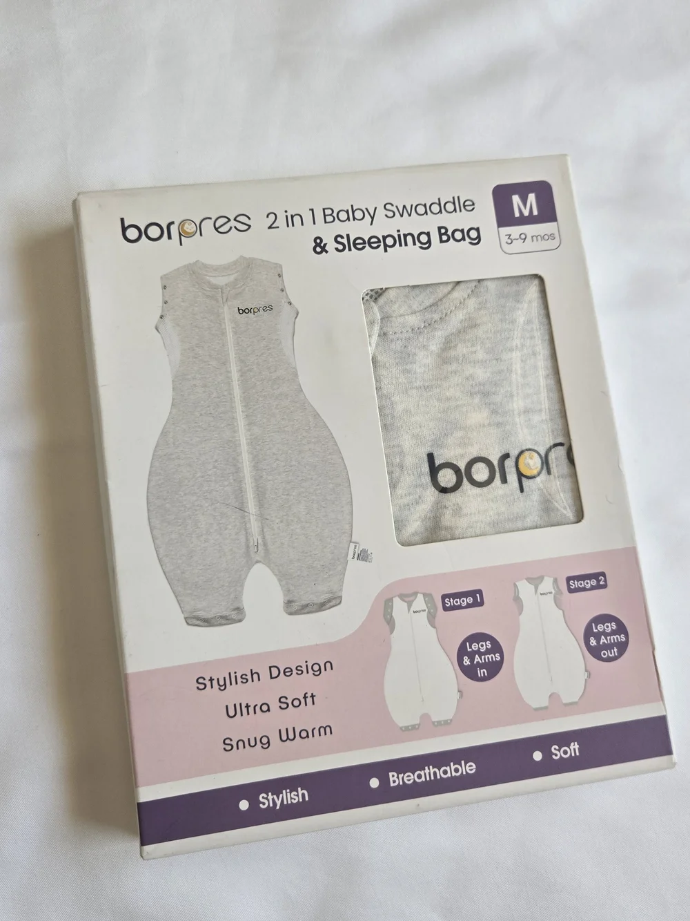 2 in 1 Baby Swaddle & Sleeping Bag 3-9 Months Grey Borpres Ultra Soft Infant